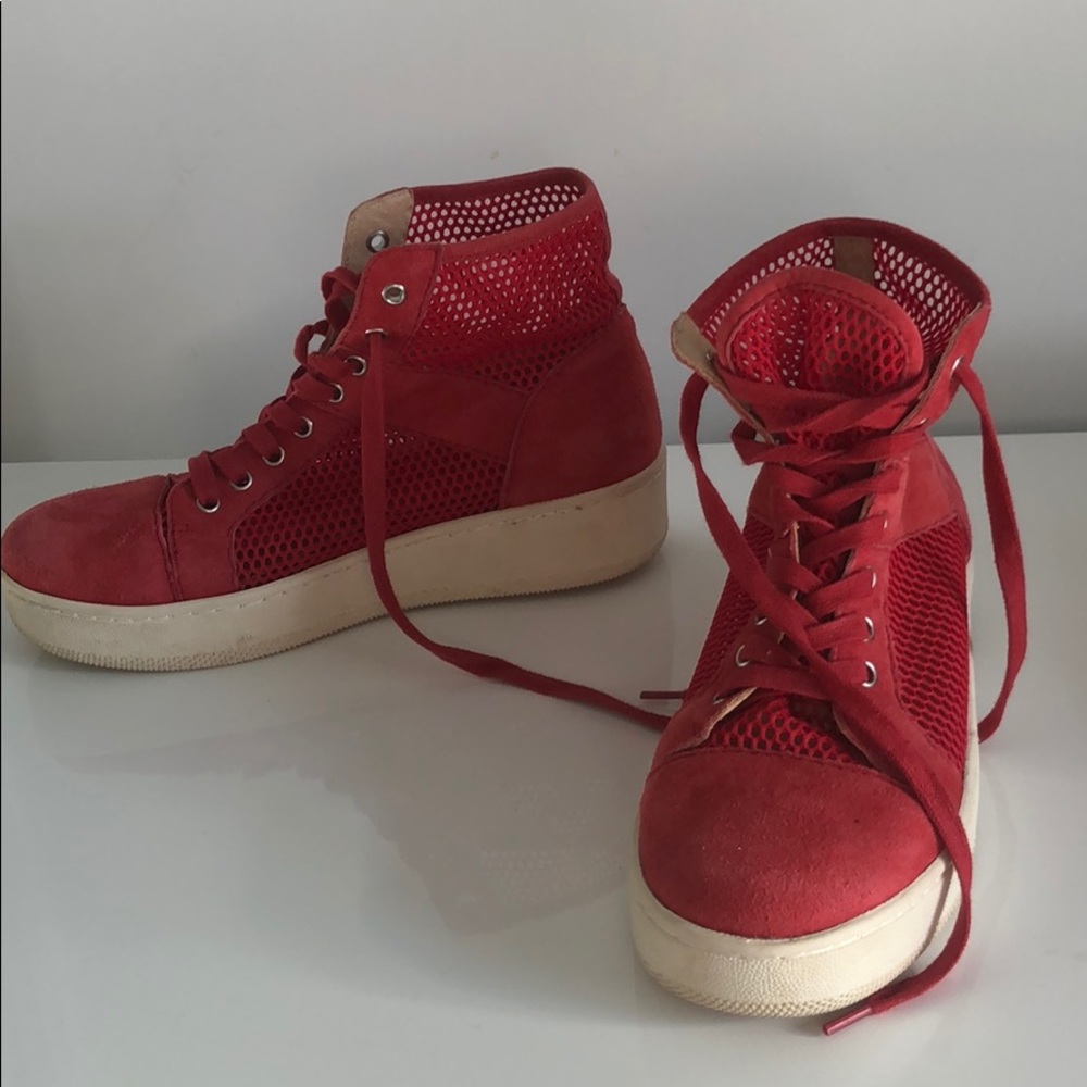 High top red mesh platform sneakers